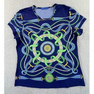 J. McLaughlin Women's XL Blue Green Chain Print Cap Sleeve Preppy Pullover Top